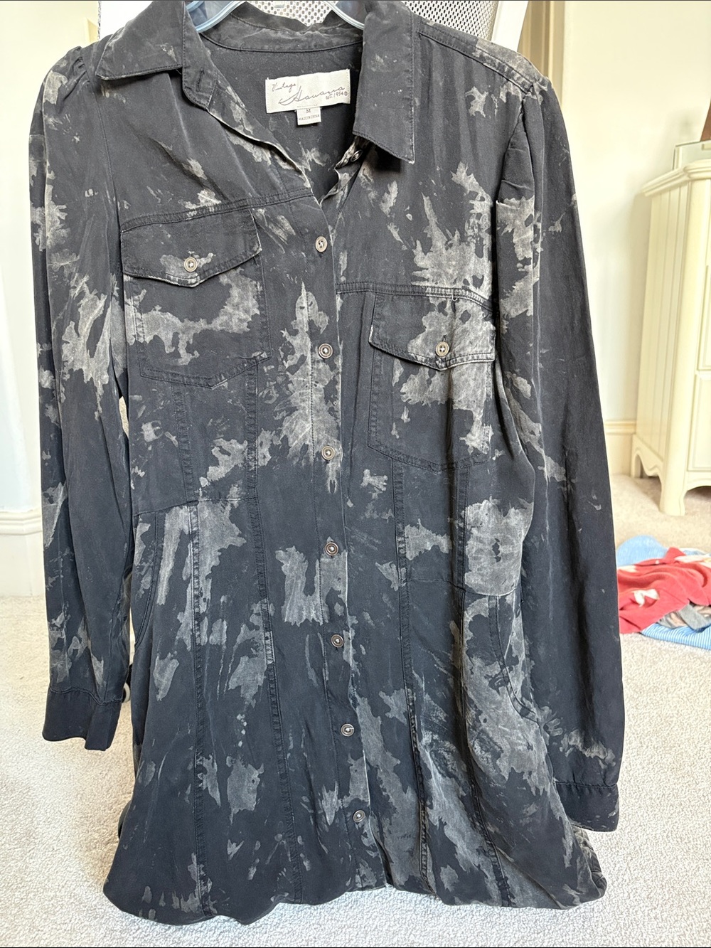Vintage Havana Black Gray Tie-Dye Long Sleeve Shirt Dress